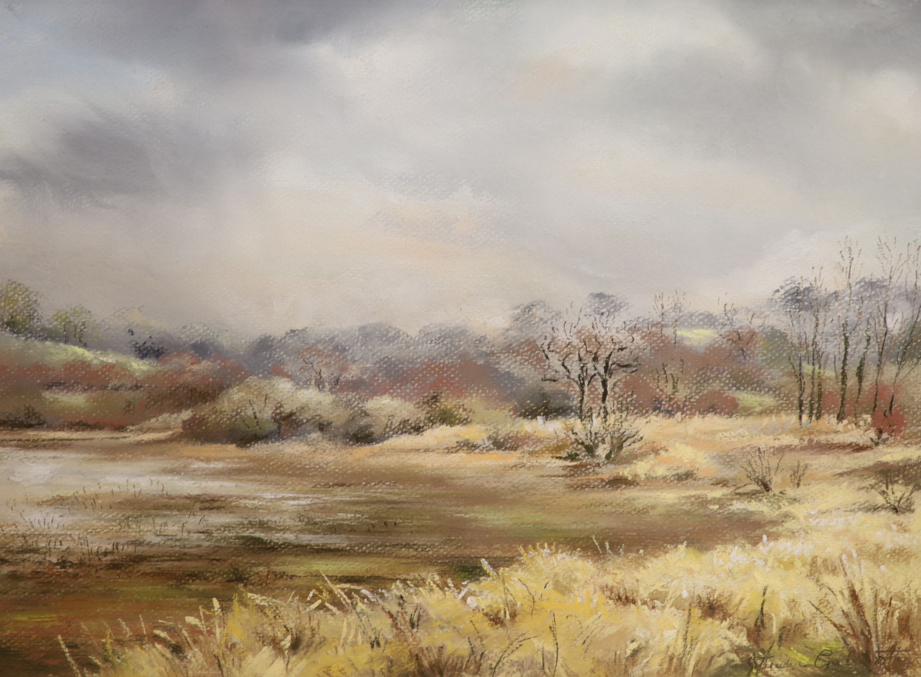 English School, pastel, Trees in a landscape, indistinctly signed, 31 x 42cm